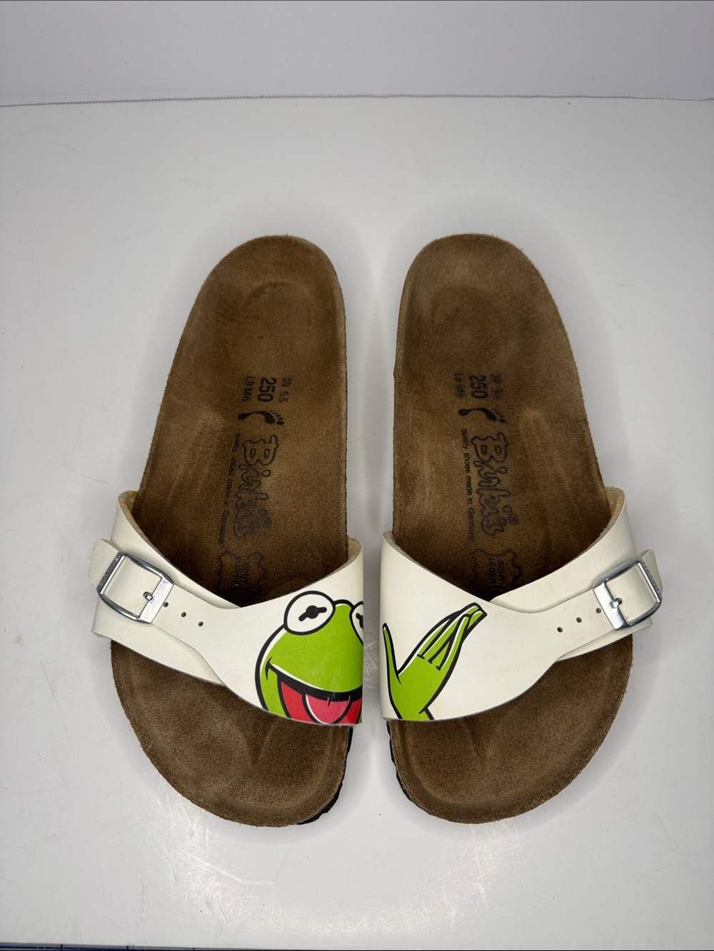 Birkenstock Birki’s White Kermit Graphic Madrid Slide Sandals